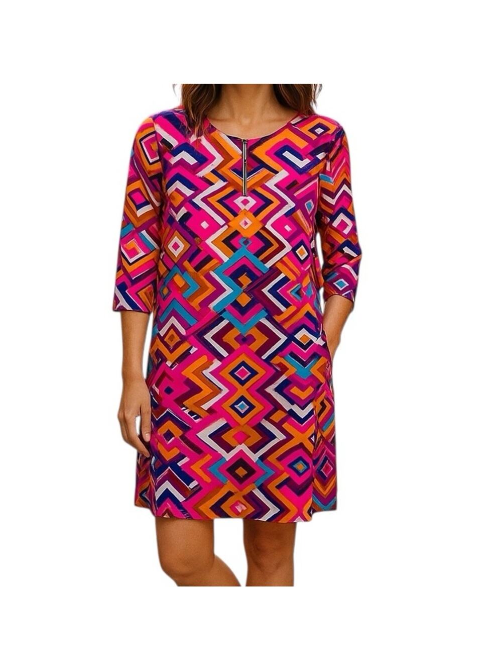 Everly Mod Shift Dress S Pink Black Retro Palm Beach Art Gallery Statement Mini